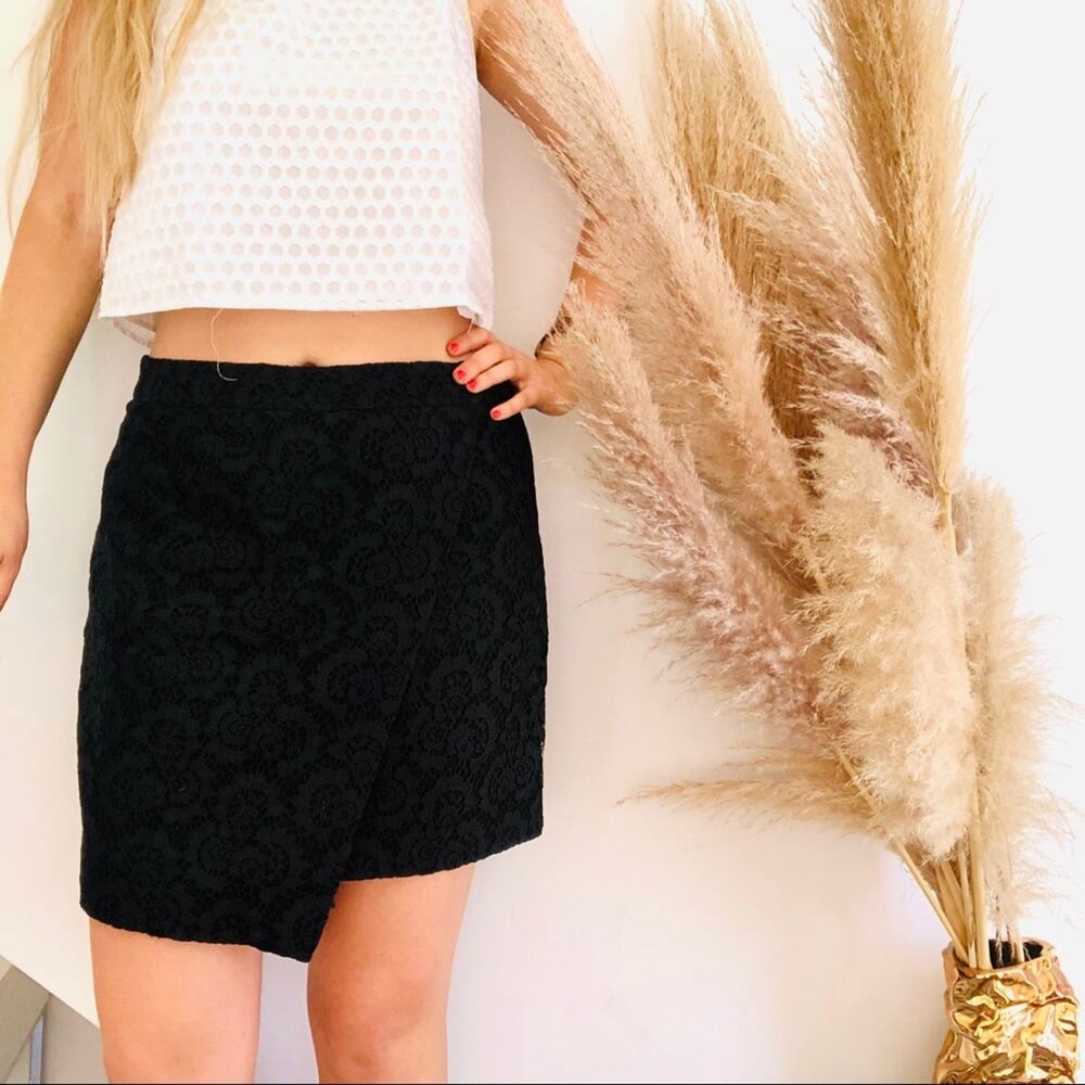 NEW MADEWELL Black Lace Asymmetrical Hem Faux Wrap High Waisted Mini Skirt 12
